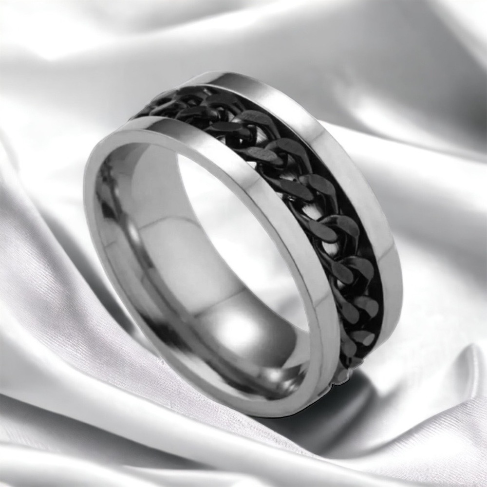 NEW Men’s Black Chain Spinner Ring Silver Stainless Steel Jewelry 8mm Wide
